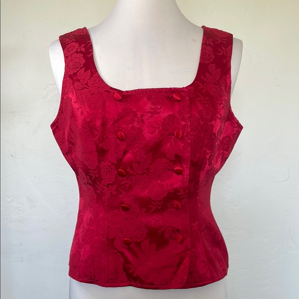 Separate Elements Vintage Red Floral Texture Sleeveless Double Breasted Blouse